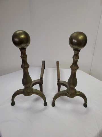 Antique Brass and Iron Ball Top Fireplace Andirons, 16.5" tall Cover