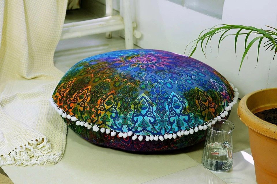Large Mandala Floor Pillows Round Bohemian Meditation Cushion Cover Ottoman Pouf - Image 1 of 4