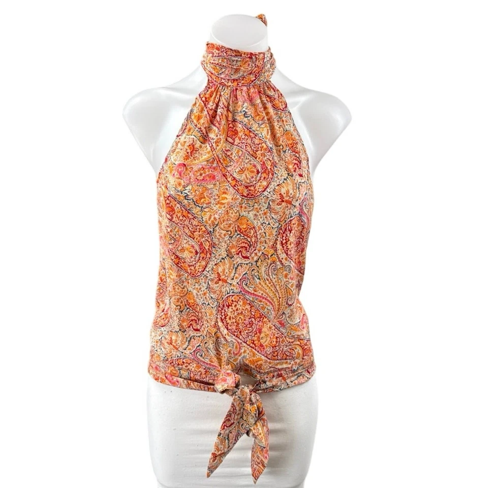 Blusa Top Bella Mackay Coral Cachemira Floral Halter Espalda Abierta Corbata Sin Mangas 2 Foto 1 de 3