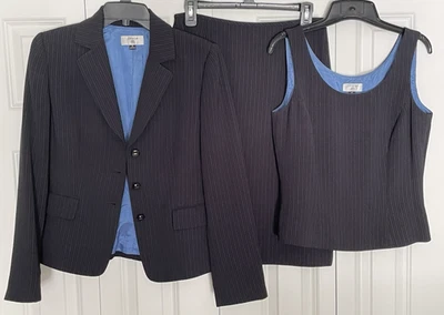 Stresa 6 Negro y Azul Rayas 3 Piezas Forrado Falda Top Blazer Chaqueta Conjunto de Traje Foto 1 de 4