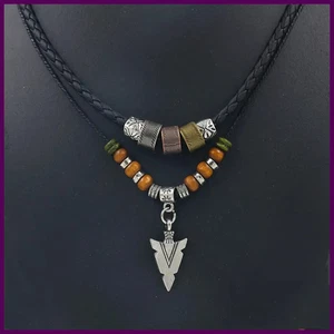 Collana Uomo Kunstleder Seil Perlen Halskette Herren Collier Homme Pfeil - Bild 1 von 28