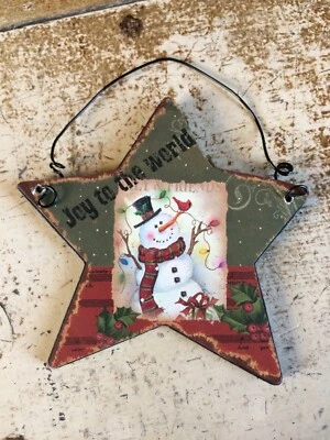 PRIMITIVE WOODEN SNOWMAN STAR 4" ORNAMENT JOY TO THE WORLD - Image 1 of 2