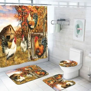 Farm Life Rooster Bathtub Shower Curtain Set Non-Slip Bath Mat Toilet Lid Cover - Picture 1 of 13