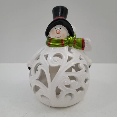 Luminaria muñeco de nieve de cerámica navideña con vela sin llama con temporizador 7,5" Foto 1 de 4