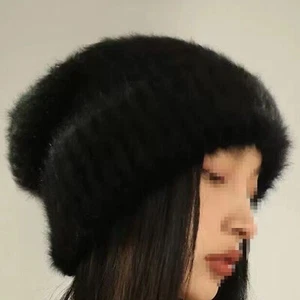 Fashion Black Women's Brimless Knitted Hat Circumference Knitted Cap Plush Hat - Picture 1 of 4