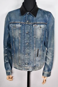 DIESEL Elshar Denim Distressed Jacket Blue Cow Leather Collar Biker size XL - Picture 1 of 10