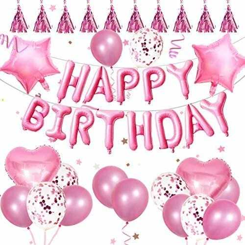48 Pcs Happy Birthday Balloons Banner Pink Foil Decorations Party Supplies - Image 1 of 4