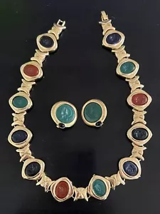 Unsigned Gold Tone Lucite Roman Soldier Intaglio Choker Necklace Earrings SET - Picture 1 of 6