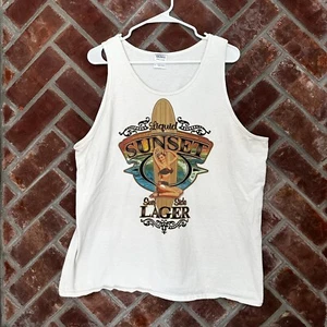 Pin Up Girl Beer Sunset Lager Tank Top Mens XL Graphic Print White Muscle Shirt - Picture 1 of 9