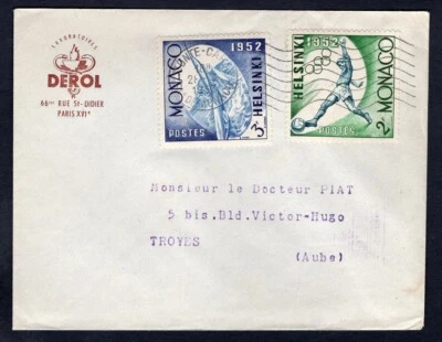 Cubierta MÓNACO 1952 para Troyes. Estampillas de los Juegos Olímpicos de Helsinki Finlandia. Fútbol Foto 1 de 2