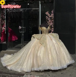 Lujoso Champagne Fuera del Hombro Vestido de Baile Encaje Quinceañera Vestidos Dulces 15 16 - Imagen 1 de 10