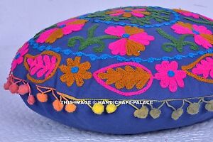 Indian Suzani Embroidered Cotton Cushion Cover Ethnic Decorative Home Decor 16"