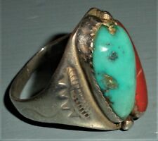 VINTAGE NAVAJO BEAUTIFUL CORAL TURQUOISE STERLING SILVER CLASSIC STAMP RING vafo