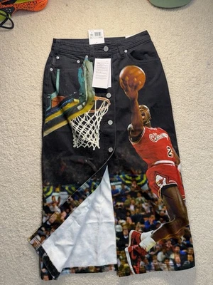 Nike Air Jordan Black Denim Midi Skirt AOP Flu Game Michael Twill Button - Image 1 of 4
