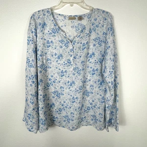 LL Bean Top Womens XL Linen Blue White Floral Long Sleeve Popover Blouse - Picture 1 of 8