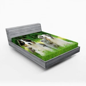 Dog Fitted Sheet, Pets Puppy Family in The Garden Australian Shepherds and a ... - Picture 1 of 5