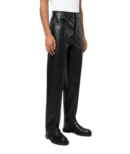 Men's Real Cow Soft Leather Black Pant - Straight Leg Fit & Bottom Cut Off Pant - Picture 1 of 3