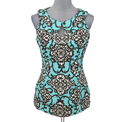 Harolds Top Womens 8 Blue Brown Floral Cotton Lined Blouse Fitted Sleeveless - Image 1 of 4