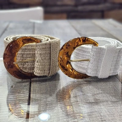 2 Aimee Lynn Straw Type Belts Beige & White Rattan Woven Stretchy Lucite Buckle  - Image 1 of 4