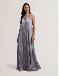 Ted Baker Maxi Dress Womens TB 3 UK 12 Akala Purple Pleated V Neck Sleeveless - Picture 1 of 23