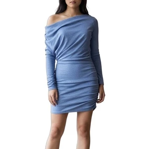 Mini Vestido Michelle Mason Azul Brillante Manga Larga Hombro Descubierto Fiesta Talla S - Imagen 1 de 11