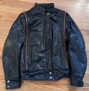 Schott NYC Women's Black Leather Motorcycle Rider Jacket Striped Size 12 - Picture 1 of 18