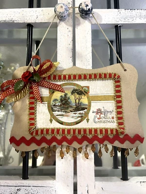 Placa de pared victoriana de Navidad de 10"x9" 1910 postal única en su clase gota de cuentas con adornos vintage Foto 1 de 4