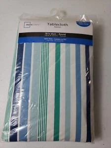 Mainstays 70" Round PEVA Blue Stripe Tablecloth NEW - Picture 1 of 8
