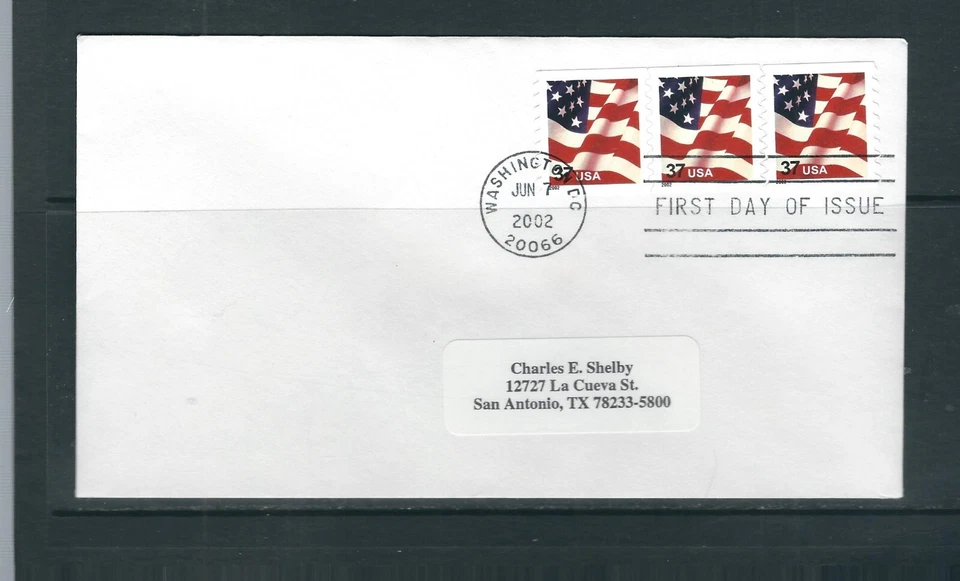US 2002 issue /  Flag . Self Adhesive Coil FDC . Strip Of Three , No Cachet - Image 1 of 1