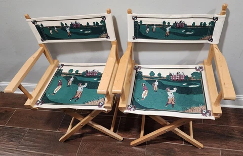 Vintage Wooden Folding Directors Chair Cotton Canvas Golf Themed EXCELLENT COND Cover
