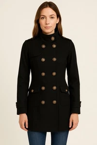 Coogi Black Wool Blend Military Peacoat Women’s Sm Double Breasted Crest Buttons - Picture 1 of 18