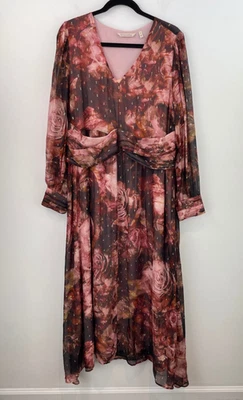 Soft Surroundings 16 Silk Maxi Dress Pink Floral Peasant V-Neck Womens A16-14 - Image 1 of 4