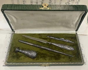 Antique French Desk Set Letter Opener Quill Pen Wax Seal Original Box c1900 - Picture 1 of 10