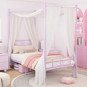 Twin Canopy Bed Frame with Headboard and Footboard 4 Posters Metal Bed Frame ... - Picture 1 of 9