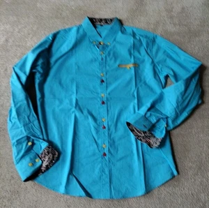 COOFUNDY Men's Medium LS shirt BLUE Coloured square buttons Paisley collar/cuffs - Picture 1 of 7