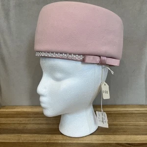 Vintage 1950s Fowler’s Jackie-O Pink Pillbox Hat w/ Clear Rhinestones & Bow - Picture 1 of 12