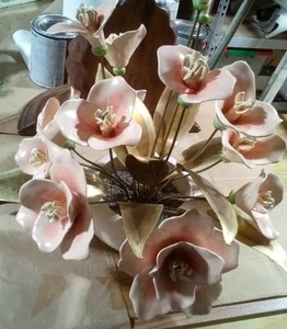 Vintage Porcelain Flower Decor With Tin/Brass Leaves - Picture 1 of 4
