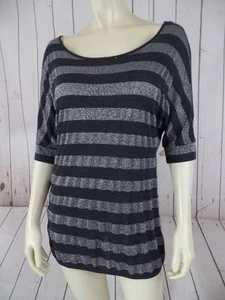 ANN TAYLOR LOFT Top M Pullover Gray Silver Rayon Metallic Blend Sheer Stripe HOT - Picture 1 of 10