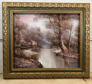 Oil Painting Landscape House River Trees 28 X 24” Signed - Picture 1 of 13