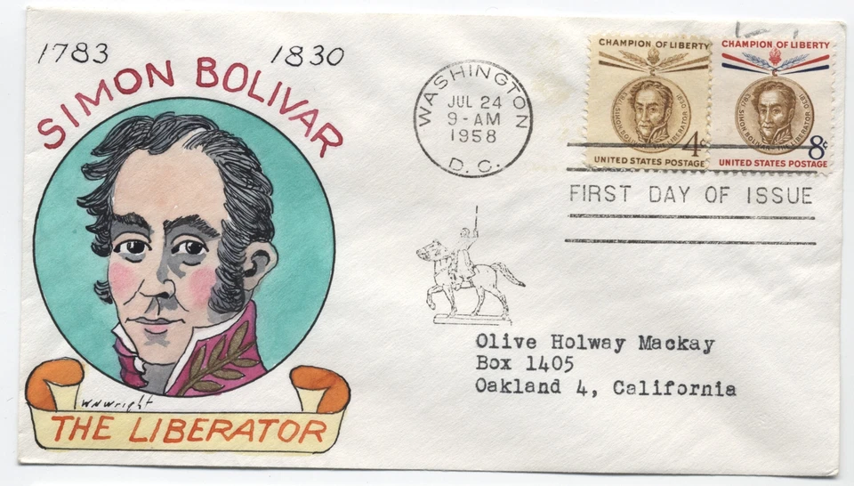 1958 William Wright handpainted cachet FDC Simon Bolivar 1110-1 champion liberty - Image 1 of 1