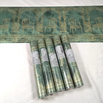 Wallpaper Border Lot 5 Rolls Green Gold Arch Vtg Dining Chair Furniture Columns — 第 1/4 张图片