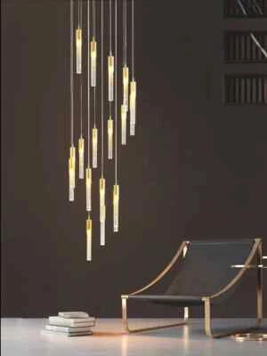 Modern Long Crystal LED Chandelier Villa Staircase Pendant Light Loft Lamp - Image 1 of 4