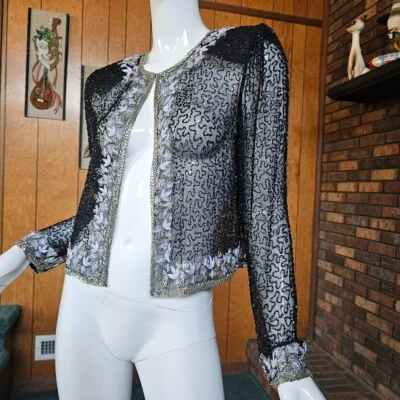 Vtg 80s Glam Disco Goth Sheer Beaded Silk Soutache Cocktail Jacket Cardigan M - Image 1 of 4
