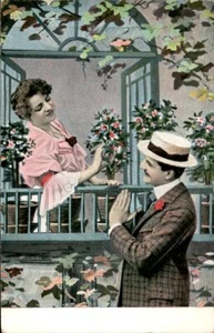 Postal antigua vintage de pareja de flores románticas - Imagen 1 de 2