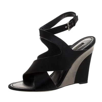 Louis Vuitton Black Satin Cross Strap Open Toe Wedges 36 6 Luxury Ankle Strap - Image 1 of 4