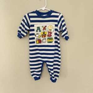 Vintage Peanuts blau-weiß gestreifter Overall Strampler Snoopy 12 Monate - Bild 1 von 9