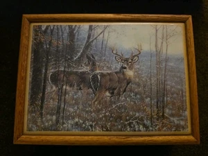 Caja de madera vintage Buck ciervo arte gráfico azulejos caza baratija joyería recuerdo  - Imagen 1 de 4