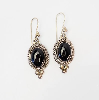 Orecchini Pendenti In Argento Sterling Vintage Con Onice Nero Di Bali - Immagine 1 di 3