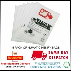 5x BAGS FOR NUMATIC HENRY HETTY HVR200 HEPA FLO HOOVER VACUUM CLEANER DUST BAG - Picture 1 of 2