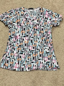 Cherokee Womens Scrub Top Size XS Multicolor Print Deep Pockets Short Sleeve - Picture 1 of 9